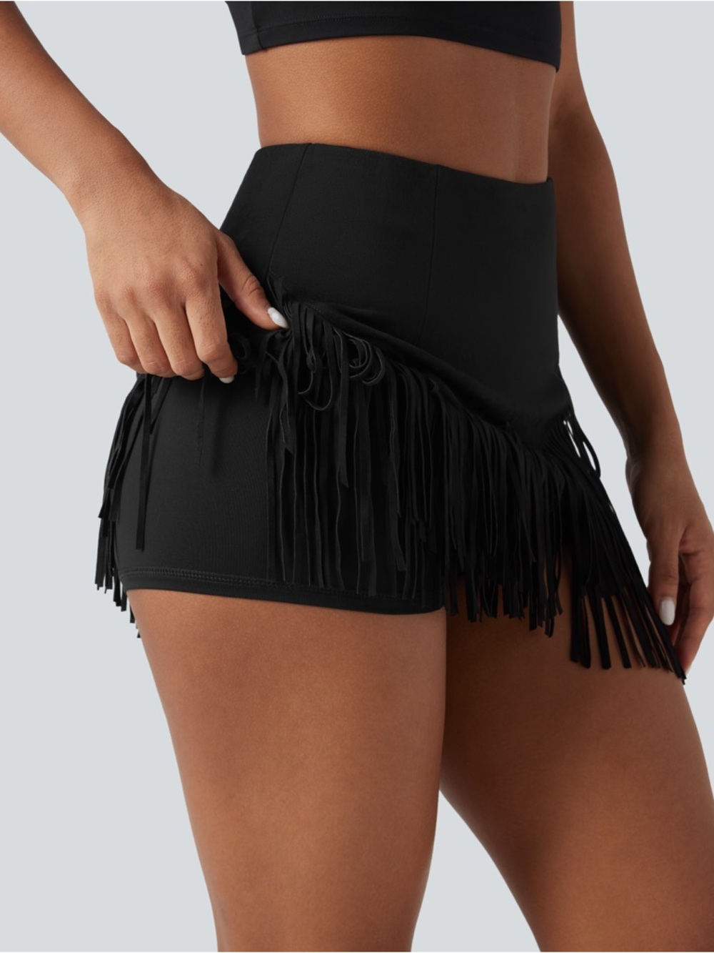 Halara Boho Fringe Skort Faux Suede Mini Skirt 2-in-1 Western Black M - Picture 4 of 7